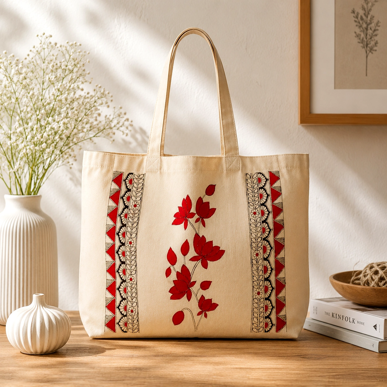 Hand painted tote bag artwork by Rupali Dighe for Praka Art