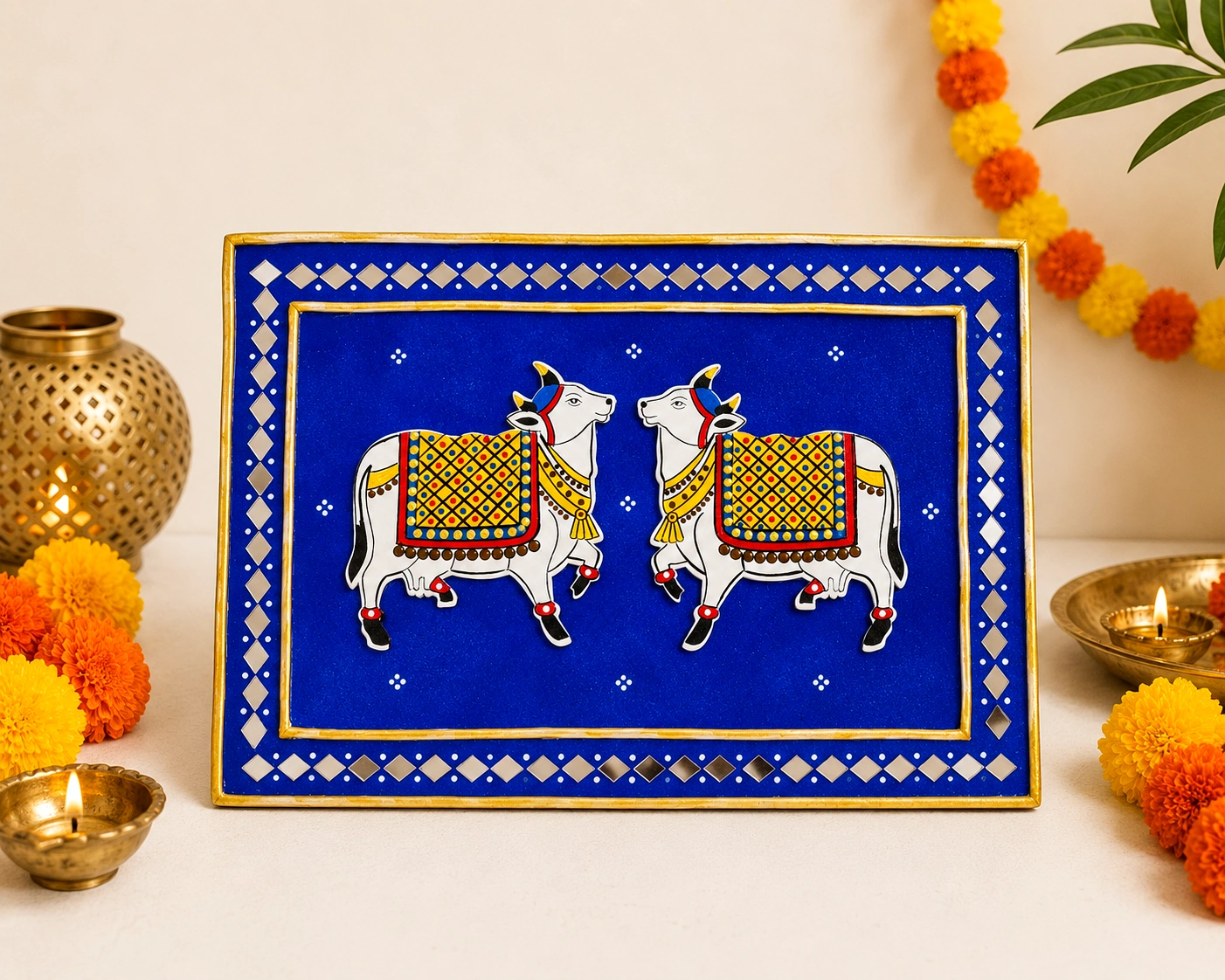 Hand painted Pichwai art with traditional cows by Rupali Dighe, Praka Art Mumbai